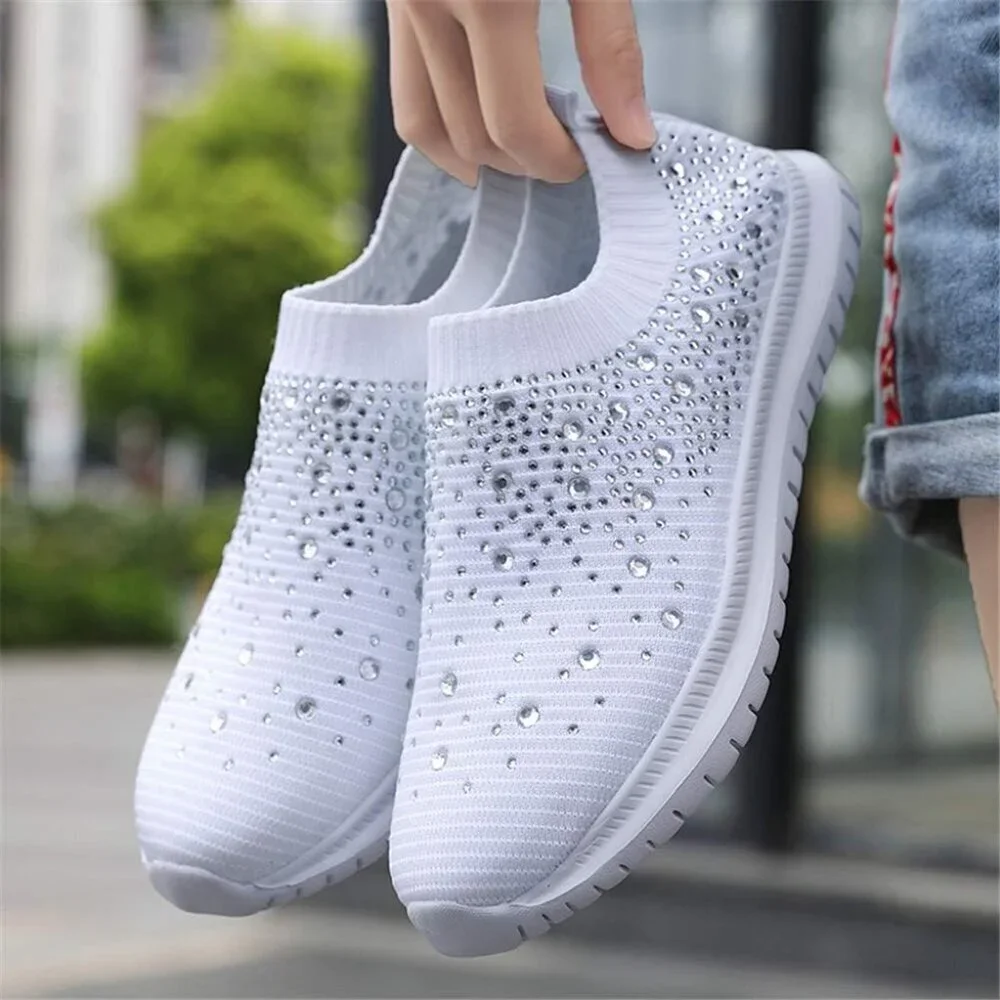 Women's Mesh Walking Shoes Rhinestone Glitter Slip On Ballroom Sneakers White